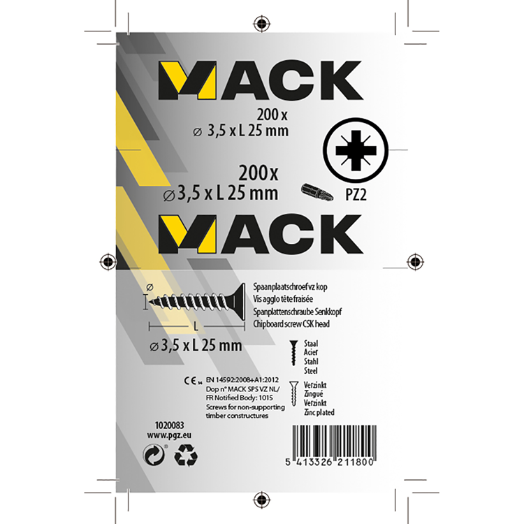 Mack 1020083 - spaanplaatschroef vz kop geel vz 200 st 3,5 x 25 mm | 5 stuks
