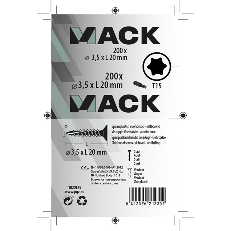 Mack 1020129 - spaanplaatschroef vz kp-zelfb.gvz 200st 3,5 x 20 mm | 5 stuks