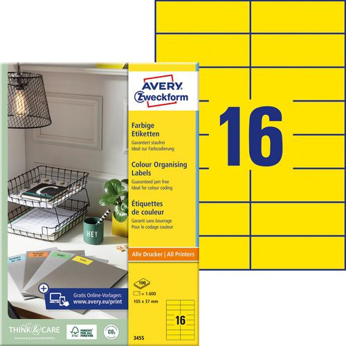 Etiketten avery zweckform universeel geel 37 x 105 mm