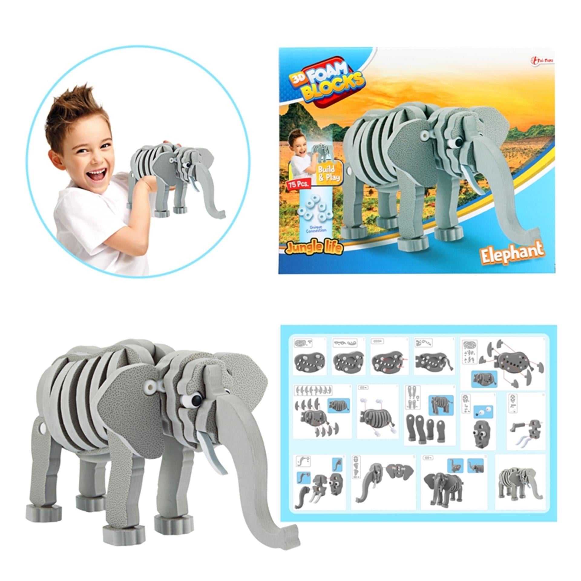 Toi-toys 3d puzzel olifant junior 31,5 cm foam grijs 75-delig