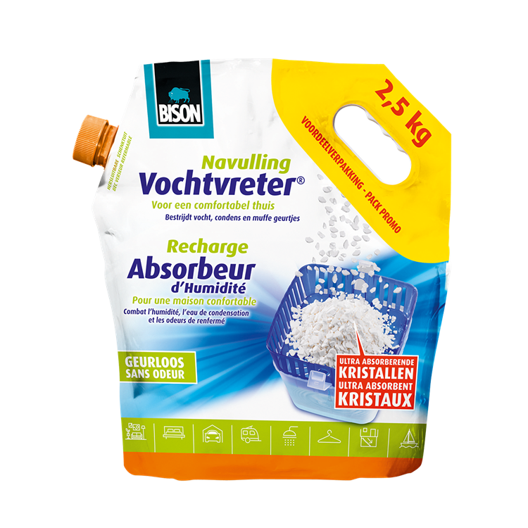 Bison vochtvreter® losse kristallen neutraal zak 2.5 kg, navulling voor een vochtvreter®, eenvoudig in gebruik, geschikt voor alle navullingen, voor alle woonruimtes, campers, caravans