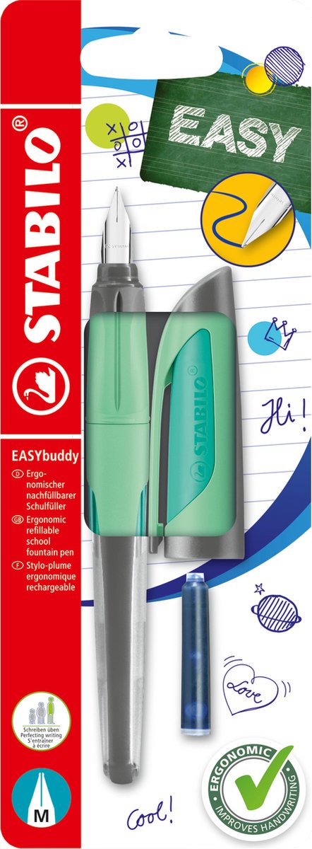 Stabilo easybuddy pastel - ergonomische vulpen - mint - standaard m punt voor rechtshandigen