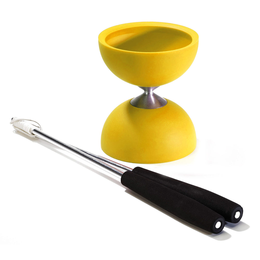 Eureka rubberen diabolo met aluminium stokken - geel