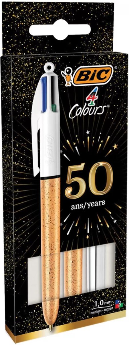Bic 4 kleuren balpennen - diverse kleuren huls - goudkleurig met ijzig motief en zilverkleurig - pak van 3 stuks - medium punt 1 mm