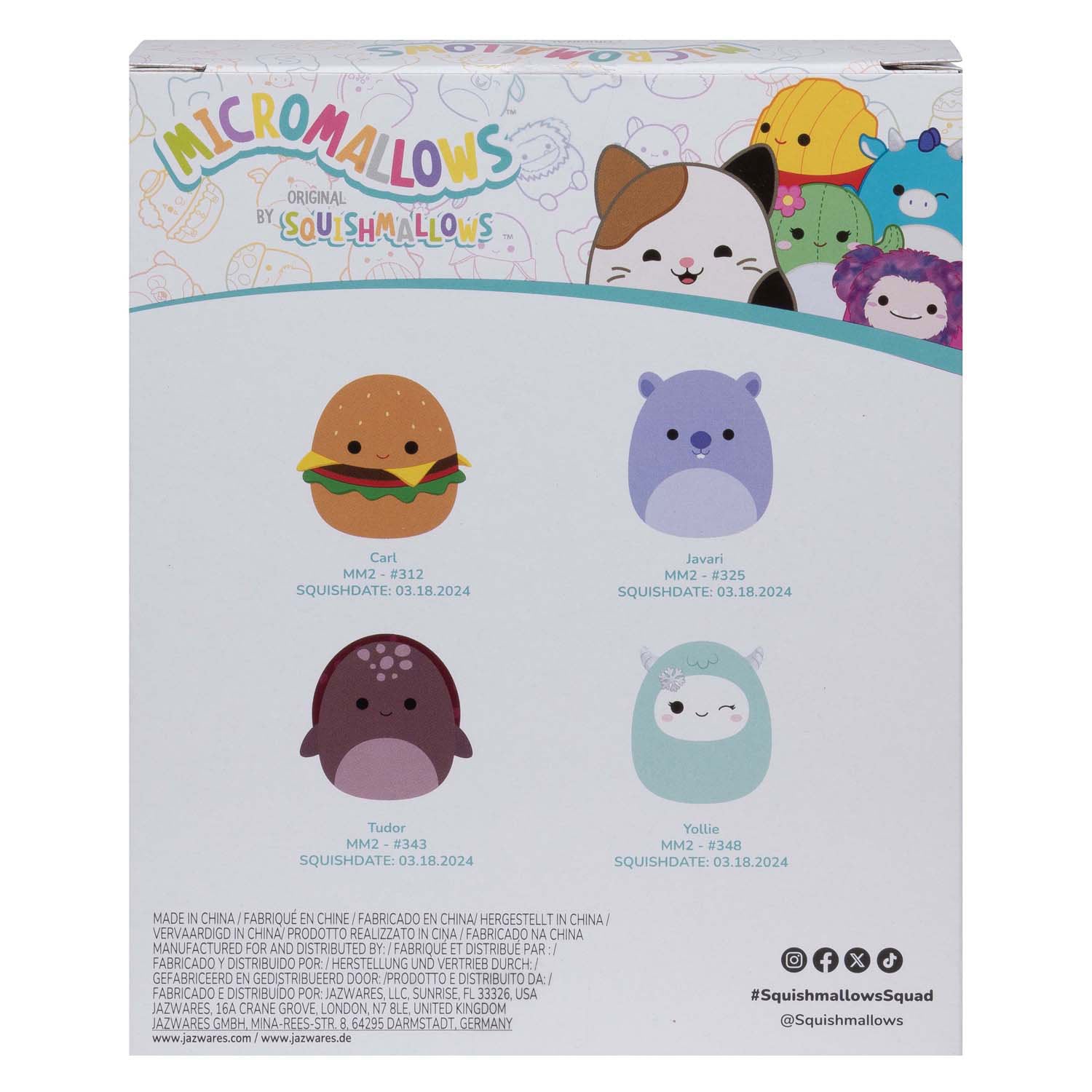 Squishmallows knuffel pluche micromallows - carl, yollie, javari, tudor, 4-pack