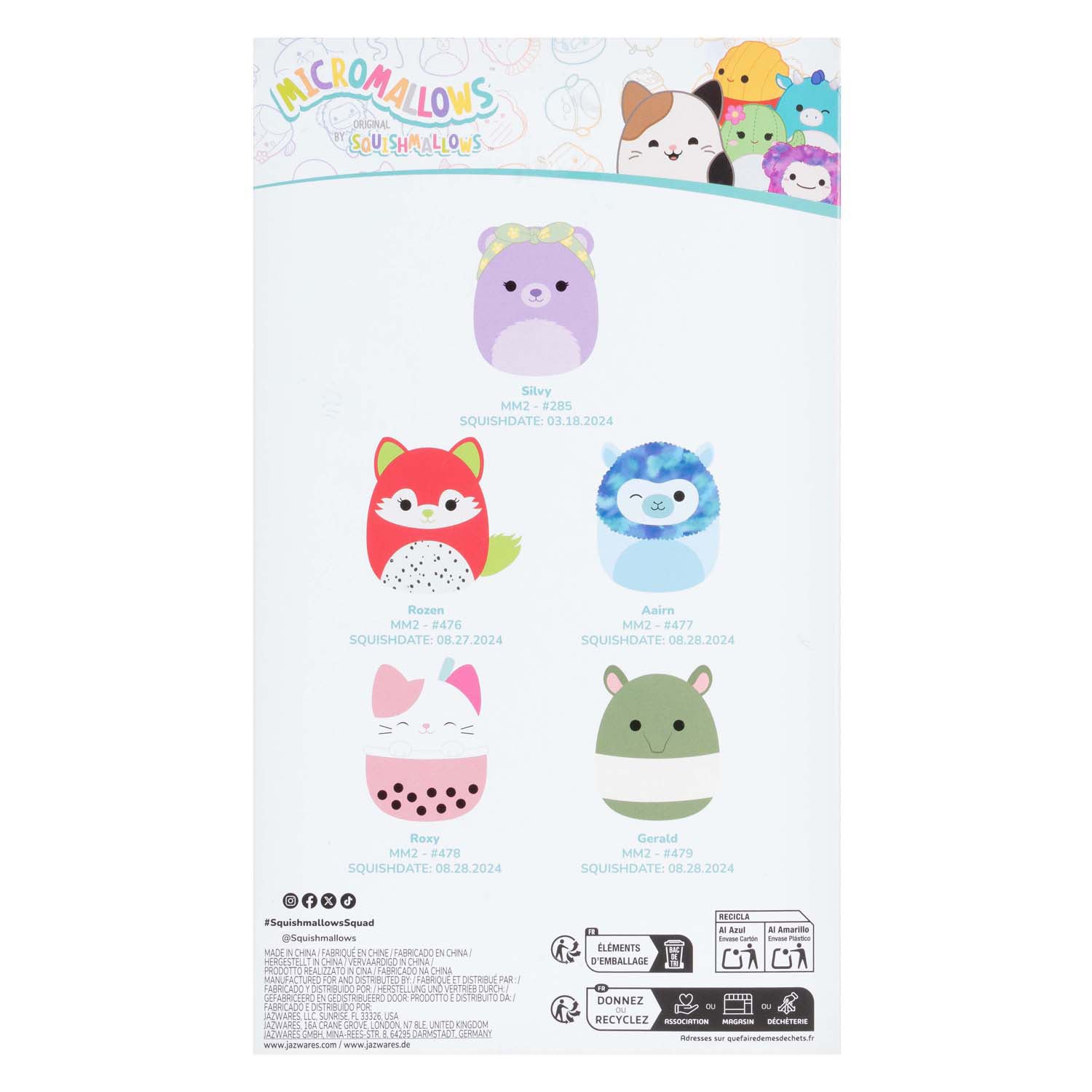 Jazwares squishmallows knuffel pluche - micromallows silvy, rozen, aarin, roxy, gerald - 5dlg.