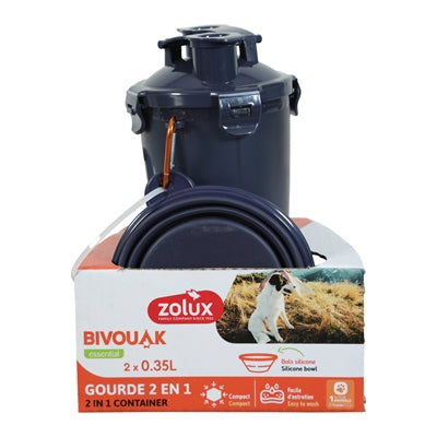 Zolux bvk 2in1 reisset fles met voerbak en drinkbak blauw