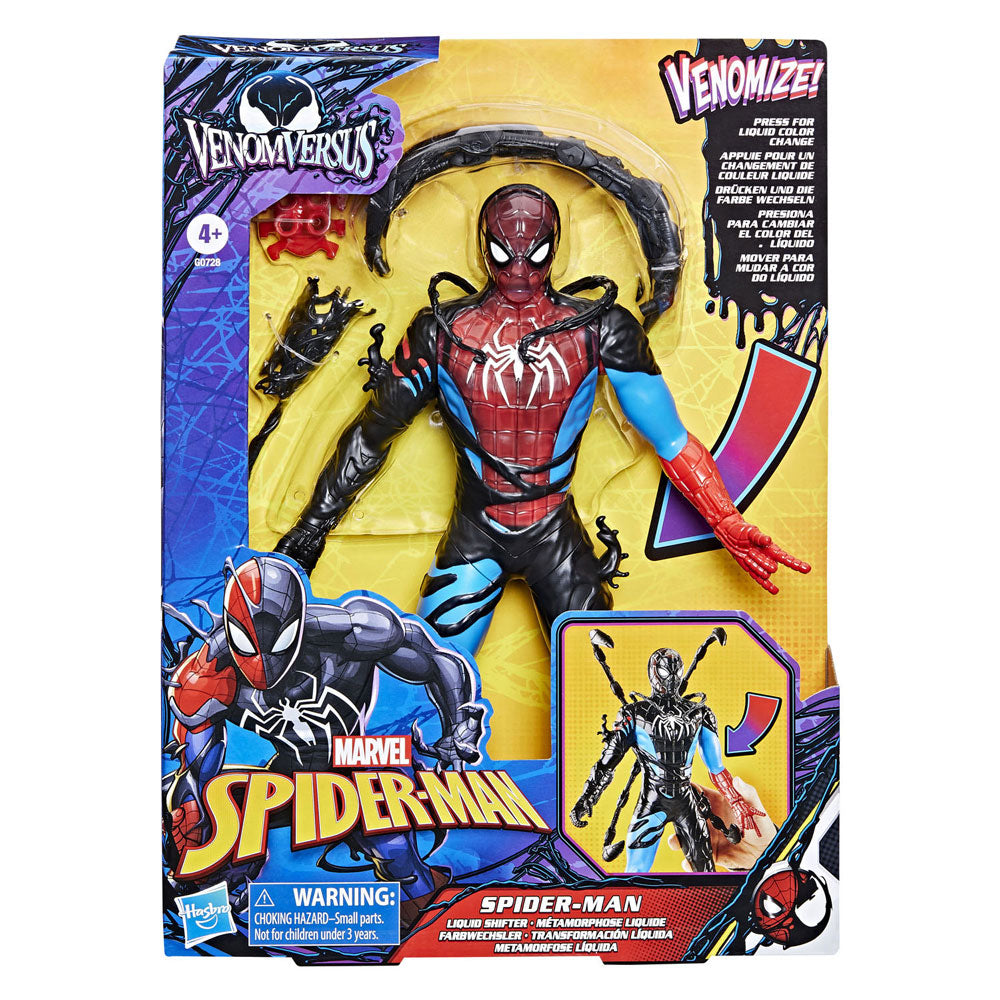 Hasbro marvel spider-man venomversus spider-man liquid shifter-actiefiguur met accessoires, superheldenspeelgoed van 27 cm voor kinderen vanaf 4 jaar