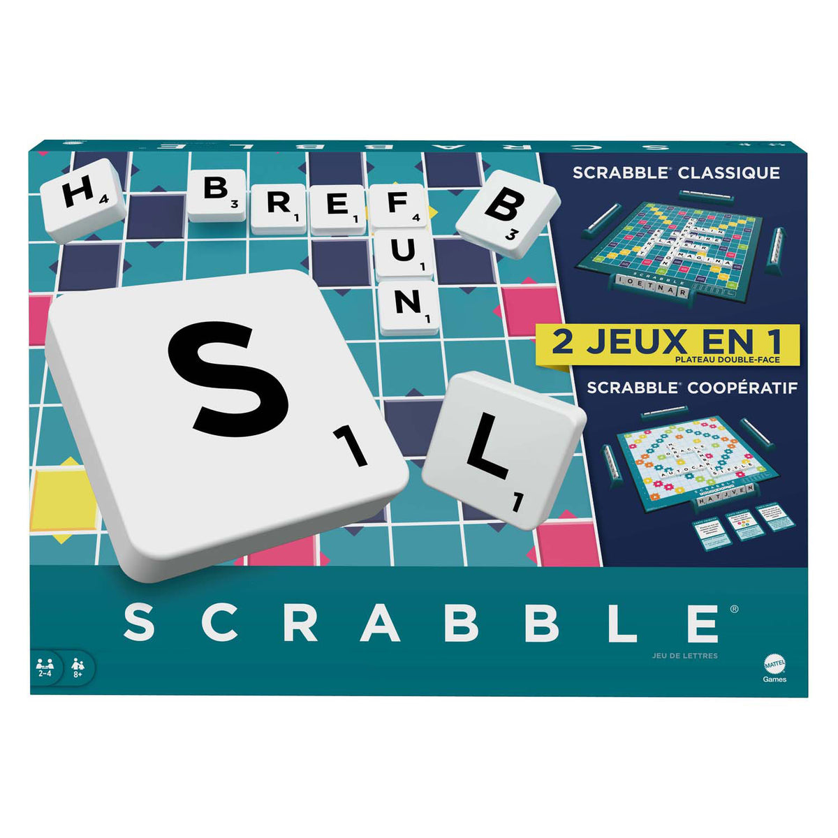 Mattel games scrabble together - bordspel - 2 jeux en 1 - franstlig
