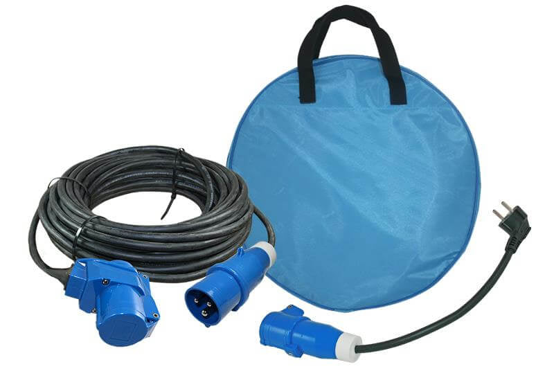 Ngk verleabel 25 meter neopreen 3x 1.5mm² - cee stekker en haakse koppeling - met frans verloopkabel - in kabeltas