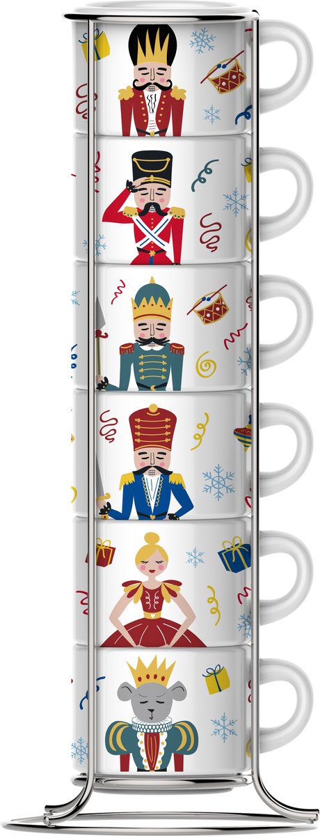 Bialetti nutcracker espressokopjes set 6 stuks met rek – 90 ml – porseleinen espresso kopjes – limited edition - stapelbaar