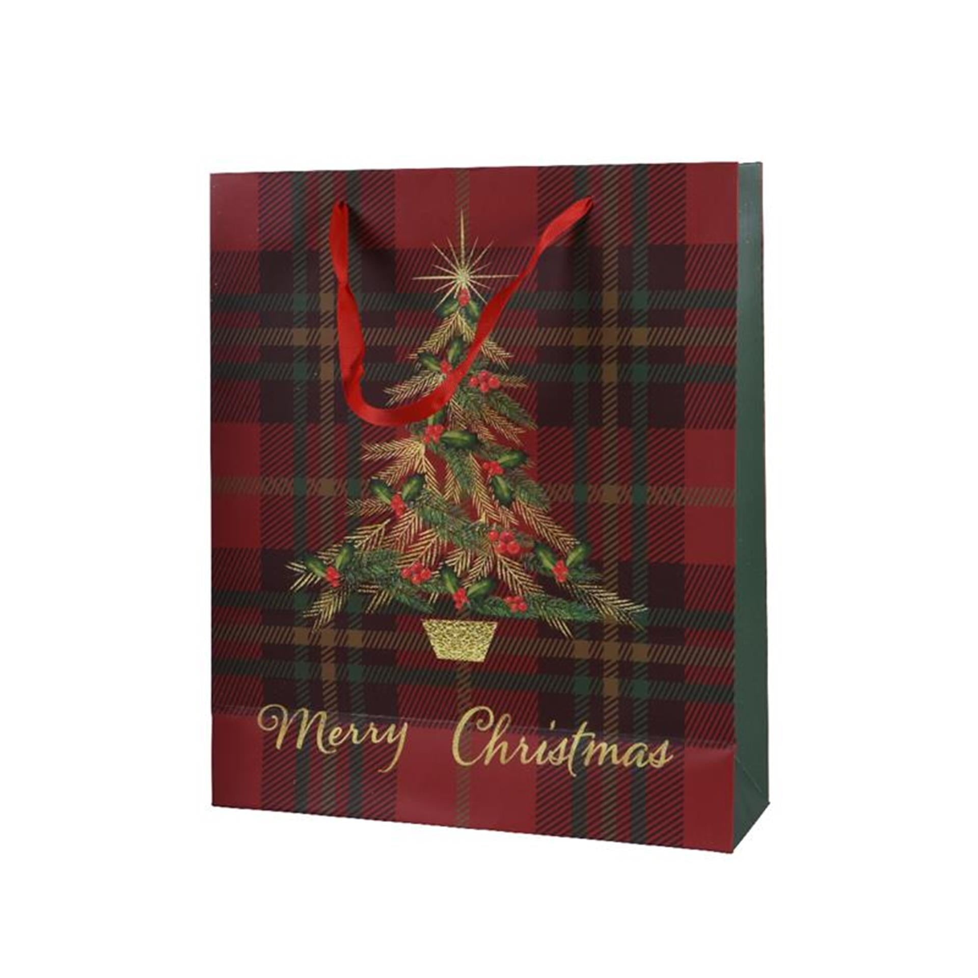Decoris geschenktas kerstboom rood van 100% fsc papier 8x18x24cm