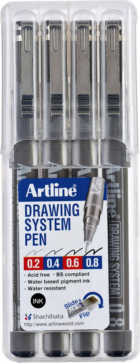 Artline drawing system - 1 x set van 4 fineliners - 0.2-0.4-0.6-0.8mm lijndiktes - zwart