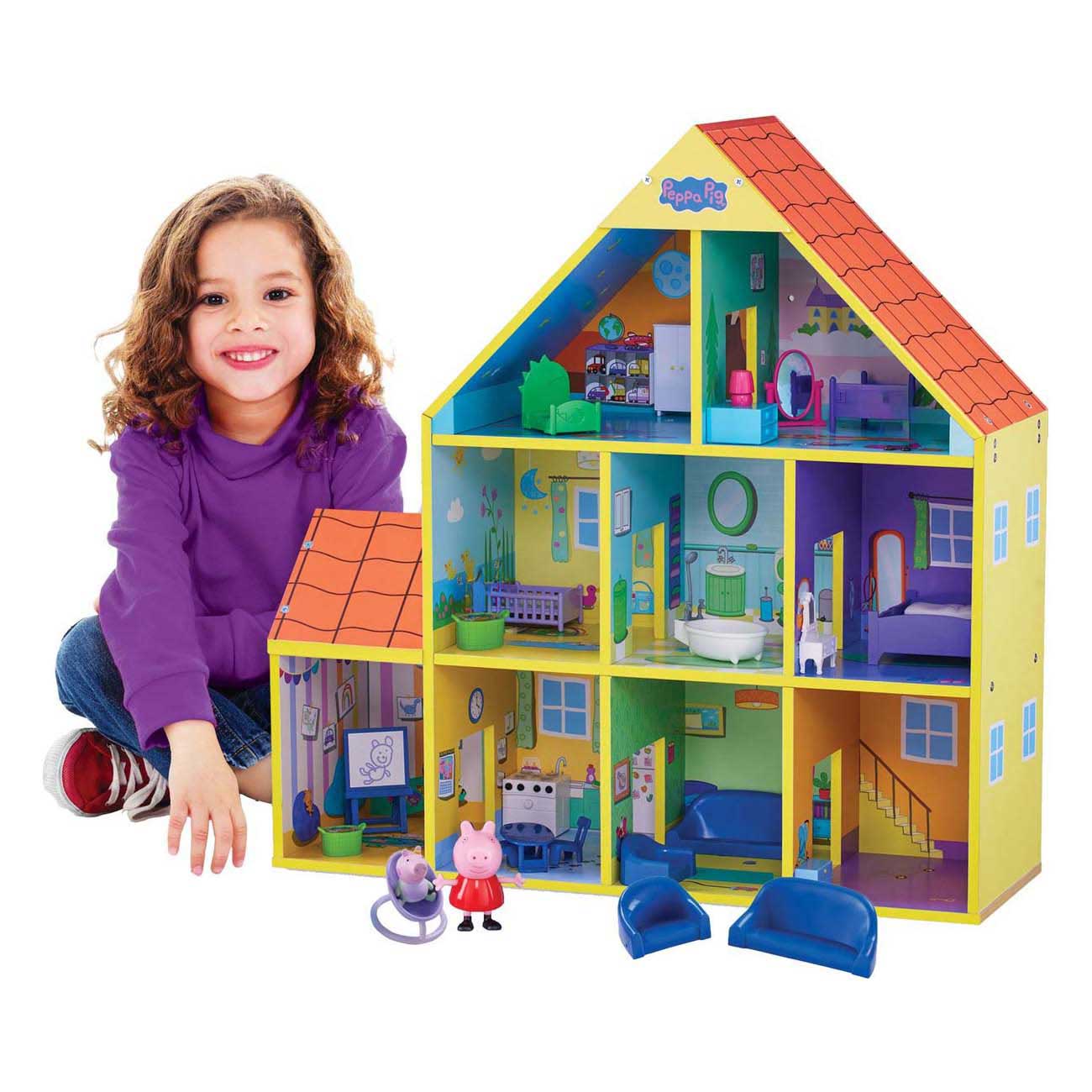 Gear2play peppa pig - groot houten speelhuis speelset - 65 cm - 9 kamers en 18 accessoires