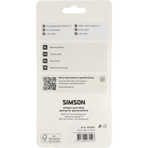 Simson versnellingskabel gazelle sturmey archer - gegalvaniseerd