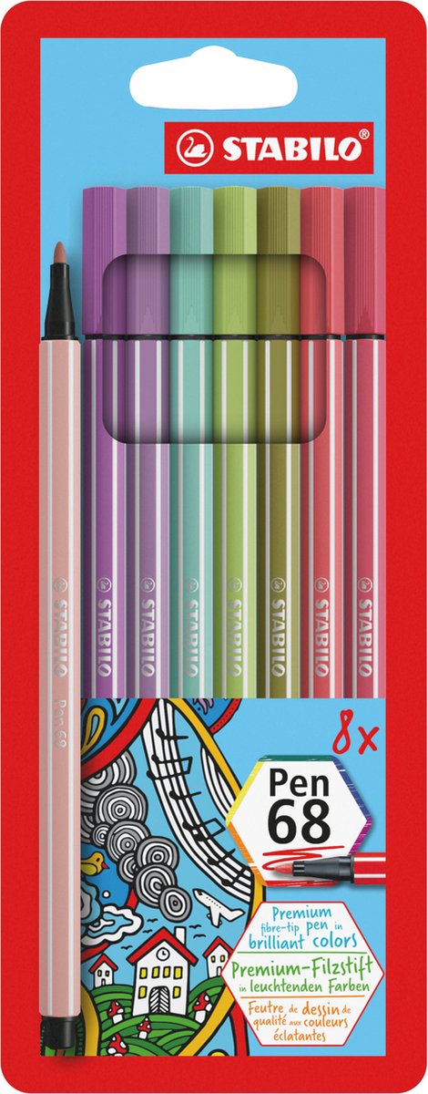Stabilo pen 68 - premium viltstift - nieuwe kleuren - etui met 8 kleuren