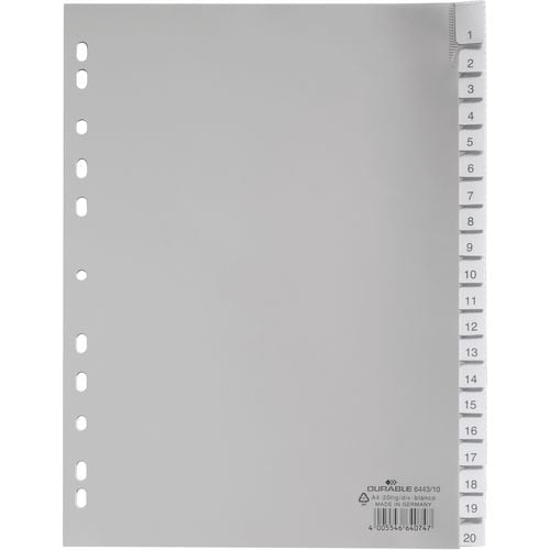 Tabbladen durable 6443 polypropyleen a4 230x297mm grijs 20 tabs