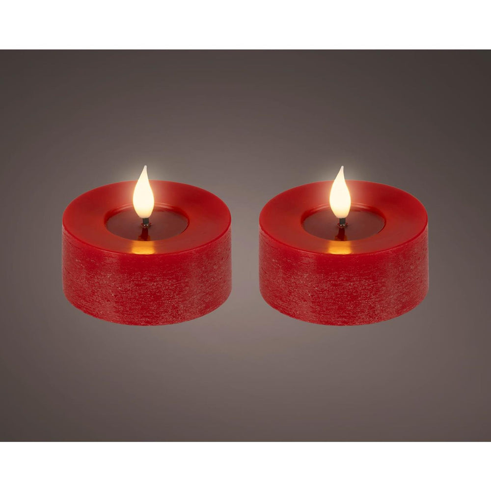 Lumineo realistische led theelicht met vlam effect ø7,5x6cm rood met 6uur timer werkt op batterij- 2 stuks