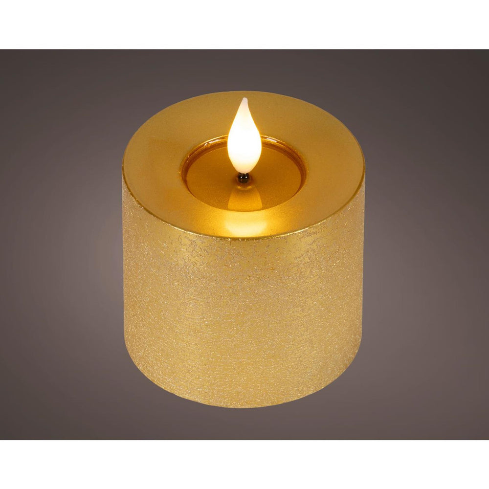Lumineo realistische led kaars met wax pit en vlam effect ø7.5x9,5cm goud met 6uur timer werkt op batterij