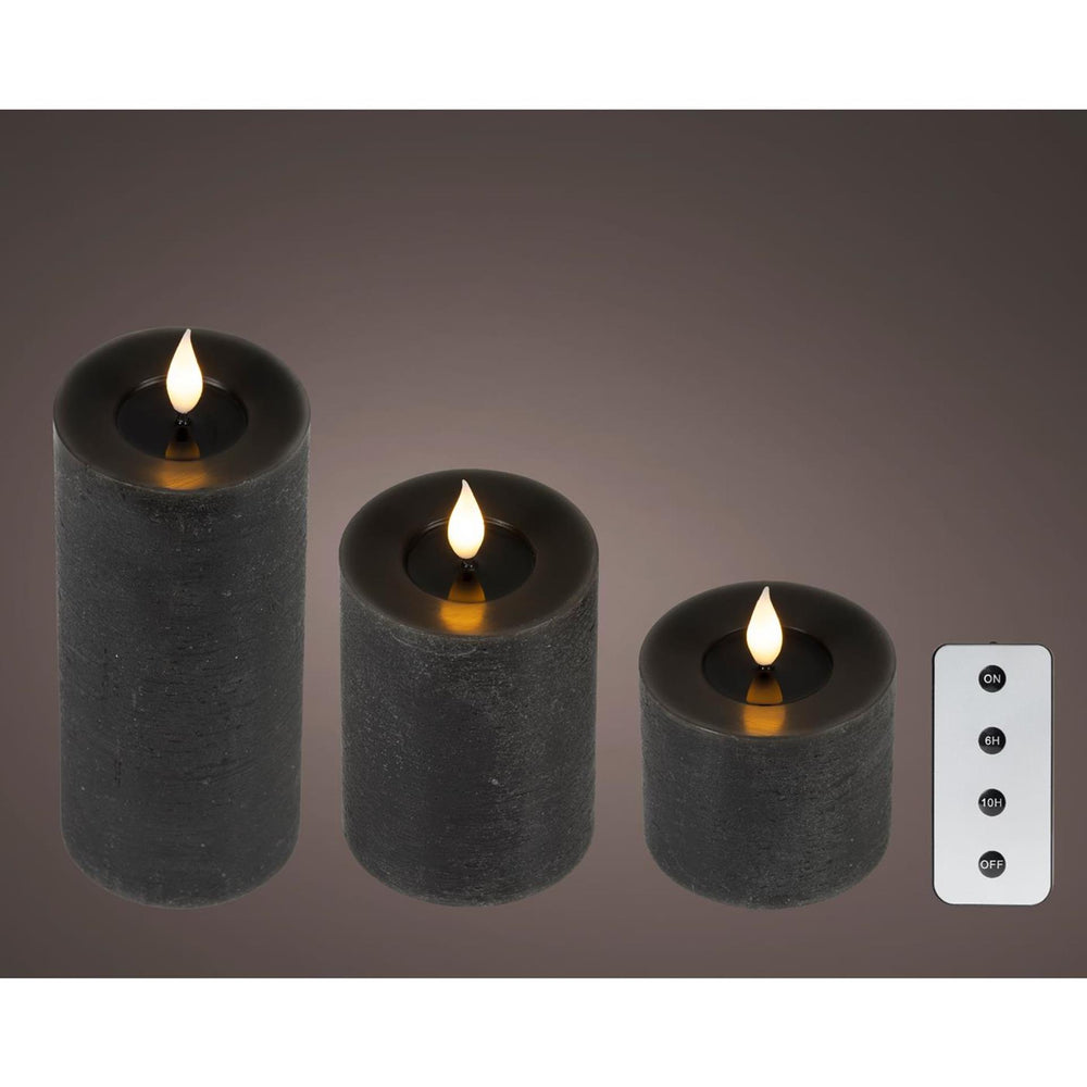 Lumineo 3-delig realistische led kaars met wax pit en vlam effect ø7.5 hoogte 9,5-13,5-20cm zwart met timer werkt op afstandsbediening en batterij