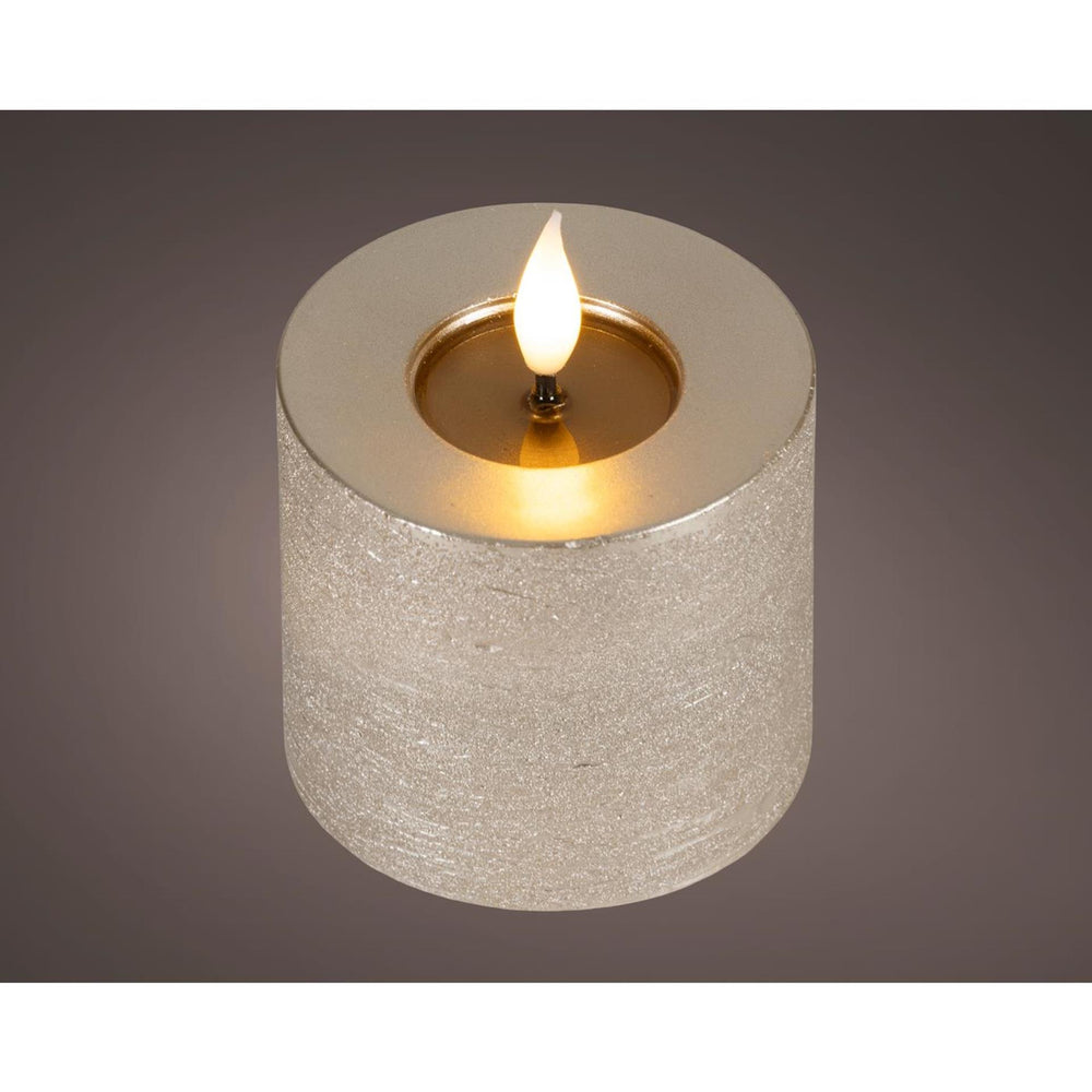 Lumineo realistische led kaars met wax pit en vlam effect ã˜7.5x9,5cm licht grijs met 6uur timer werkt op batterij