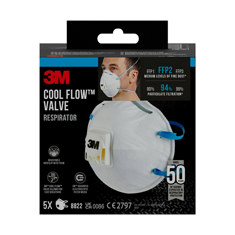3m cool flow stofmasker, ffp2, met ventiel, pak van 5 stuks