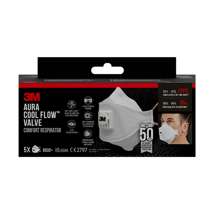 3m aura comfort cool flow stofmasker, ffp3, met ventiel, pak van 5 stuks