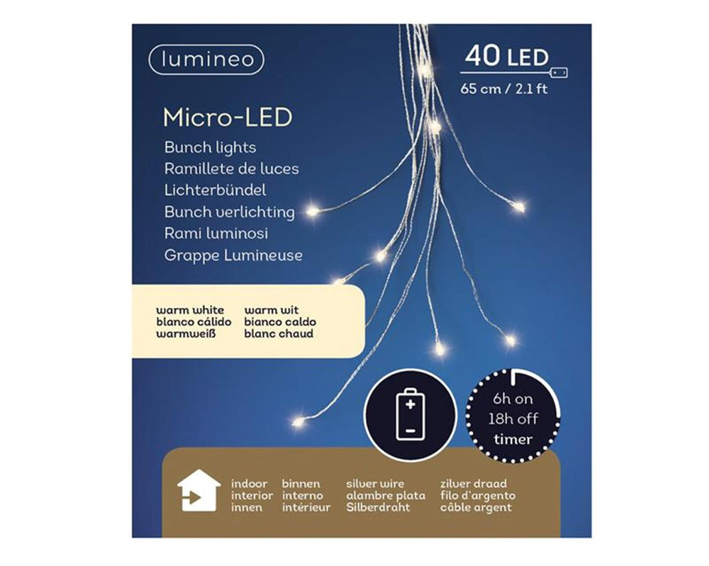 Lumineo micro led draadverlichting cascade 80cm-40l 10 draaden met 5 lamps zilver warm wit op batterij met timer