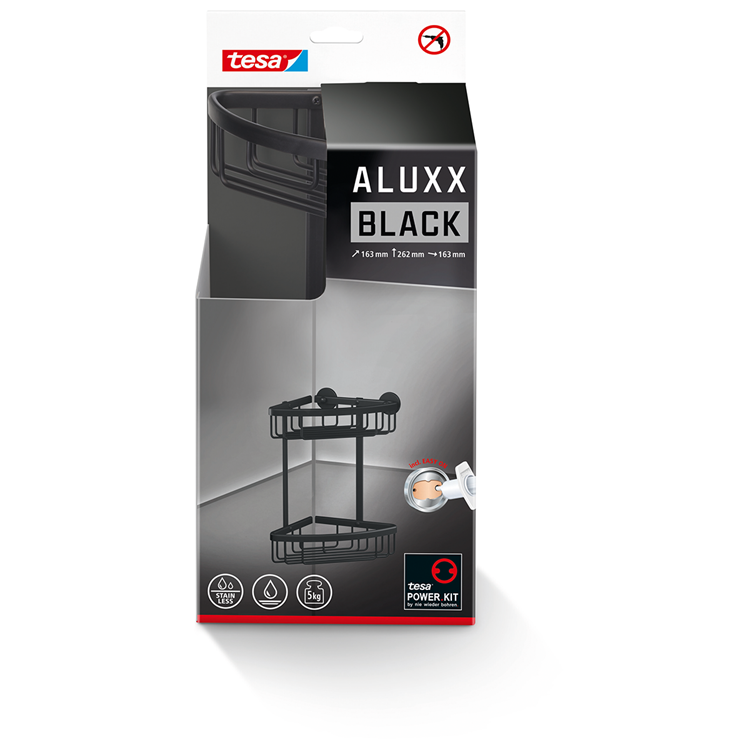 Tesa doucherek aluxx black 2-niveaus matzwart badkamer zelfklevend zonder boren – 163x260x170mm