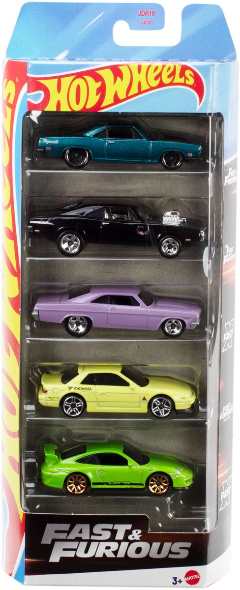 Hot wheels fast furious, set van 5 metalen speelgoedraceauto's, geïnspireerd op en gezien in de films, schaal 1:64