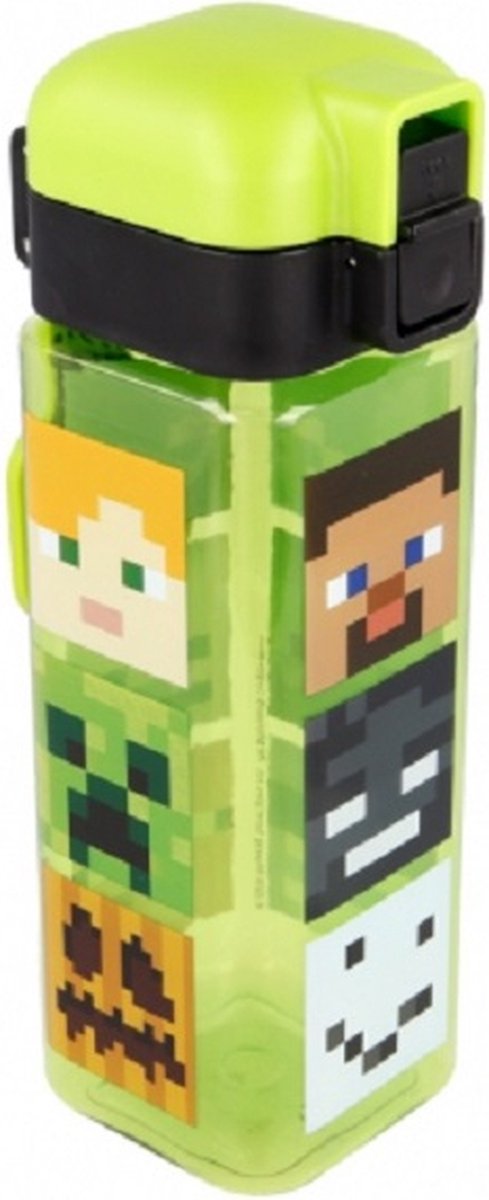 Minecraft characters - vierkante drinkfles drinkbeker met safety lock en draagring- 550 ml - bpa-vrij