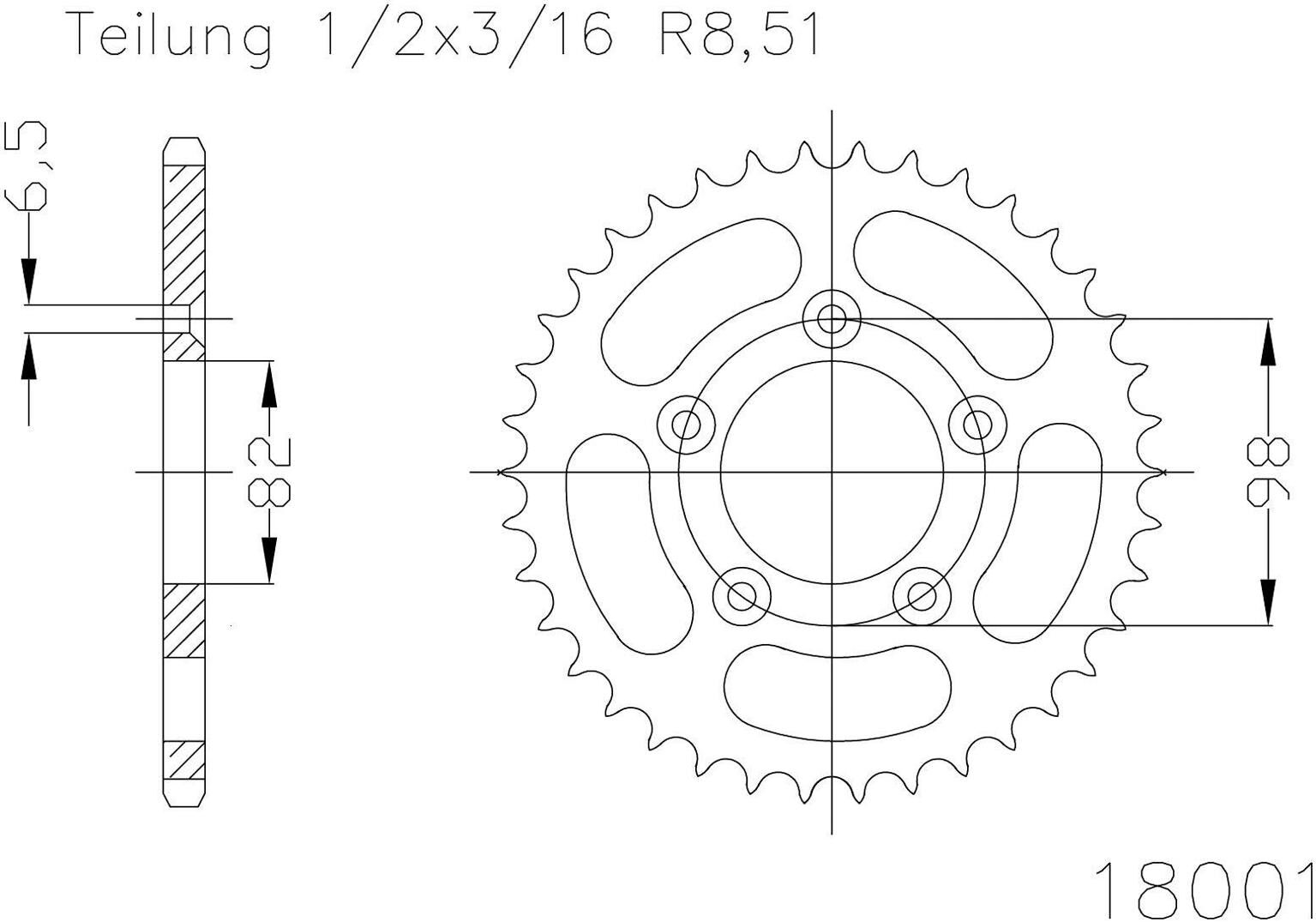 Esjot achtertandwiel, zilver chain wheel 43z steel silver