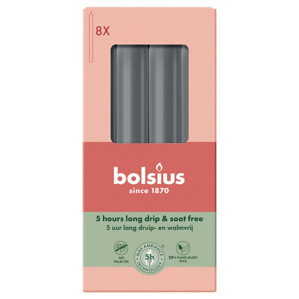 Bolsius dinerkaarsen stormy grey ø20x170 mm 5 uur (4x 8 stuks)
