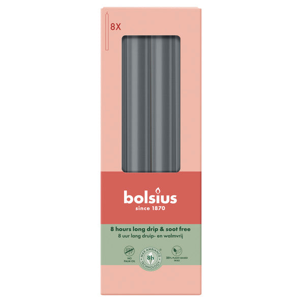 Bolsius dinerkaarsen stormy grey ø20x230 mm 8 uur (4x 8 stuks)