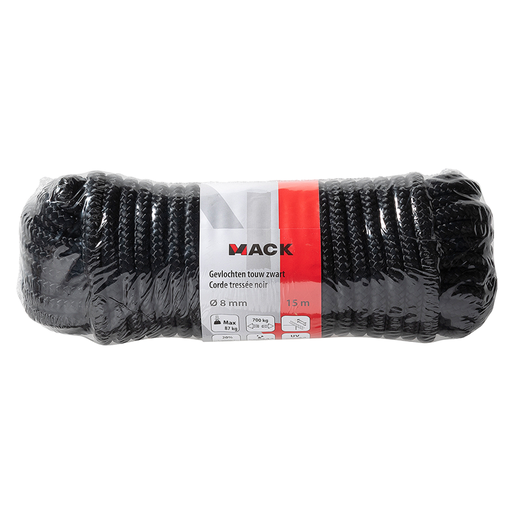 Mack 1072118 - pp gevlochten zwart streng 8mm 15m | 5 stuks