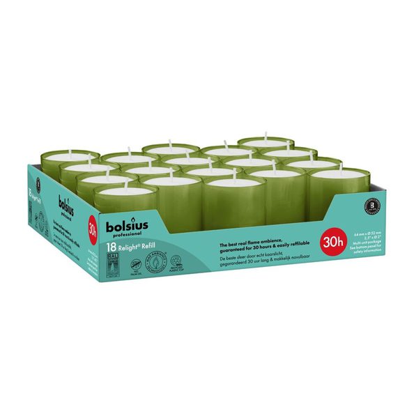 Bolsius professional relight navullingen olijfgroen ø52x64 mm 30 uur (4x 18 stuks)