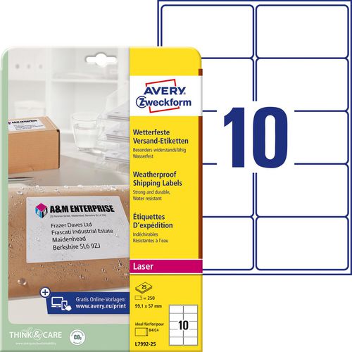 Adresetiketten avery wit 250 stuks weerbestendig