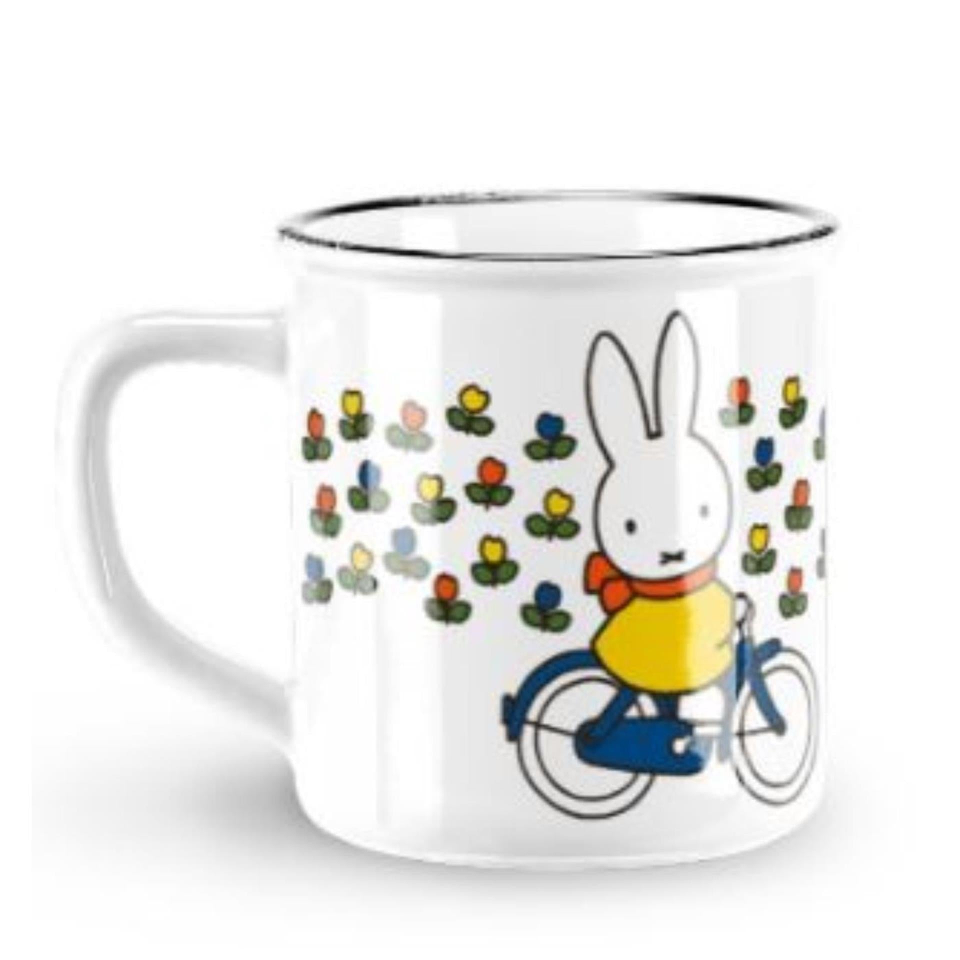 Nijntje fietst retro mok tulpen wit