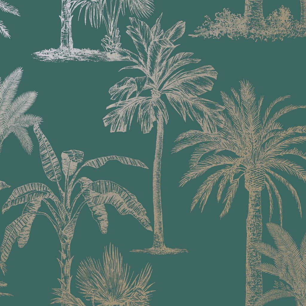 Dutch wallcoverings behang tropische bomen teal en zilverkleurig