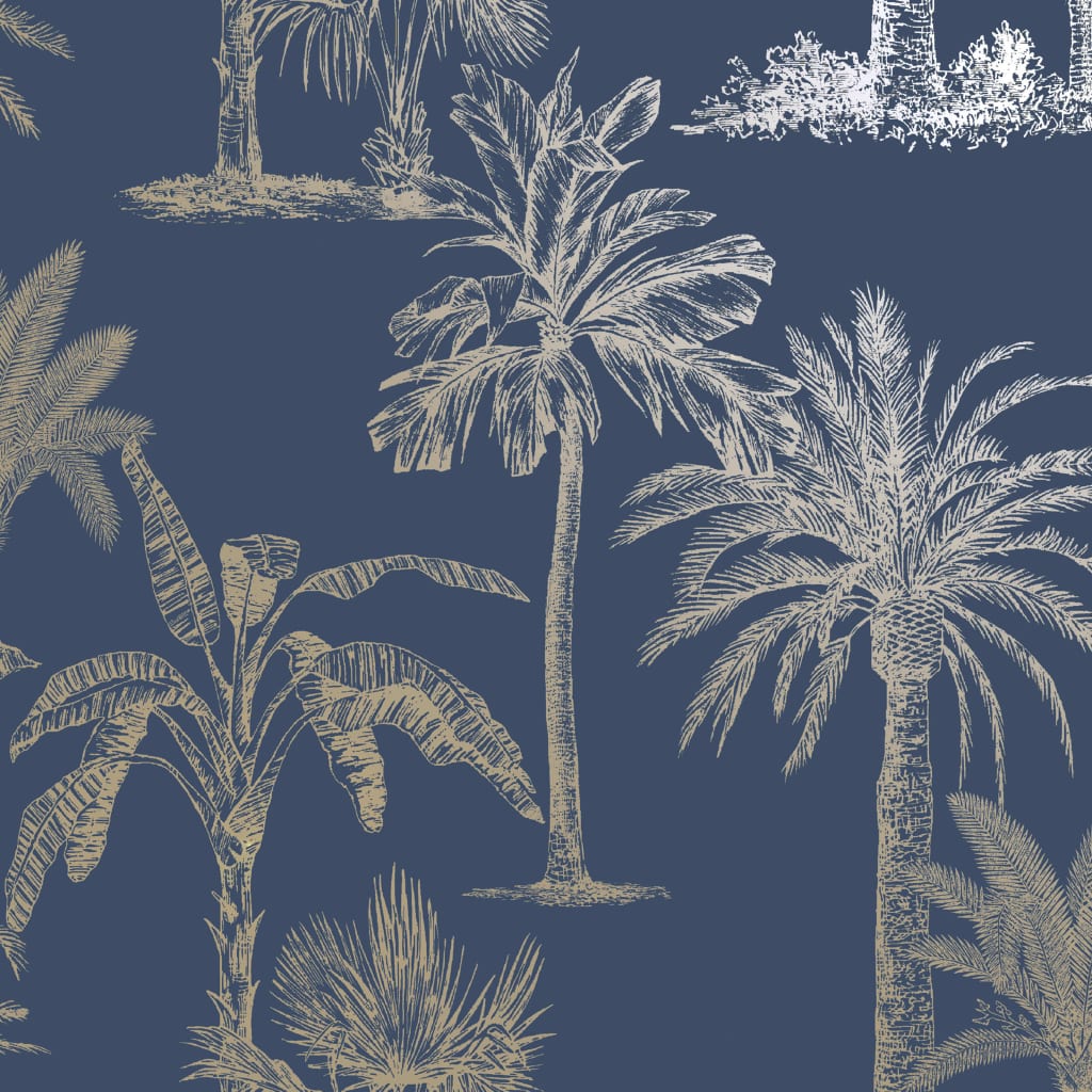 Dutch wallcoverings behang tropische bomen marineblauw en zilverkleurig