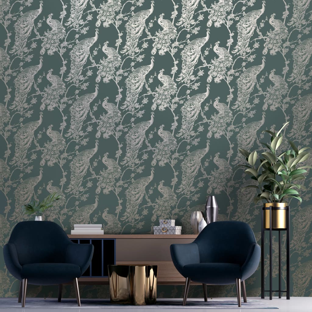 DUTCH WALLCOVERINGS DUTCH WALLCOVERINGS Behang Pauw groen en zilverkleurig