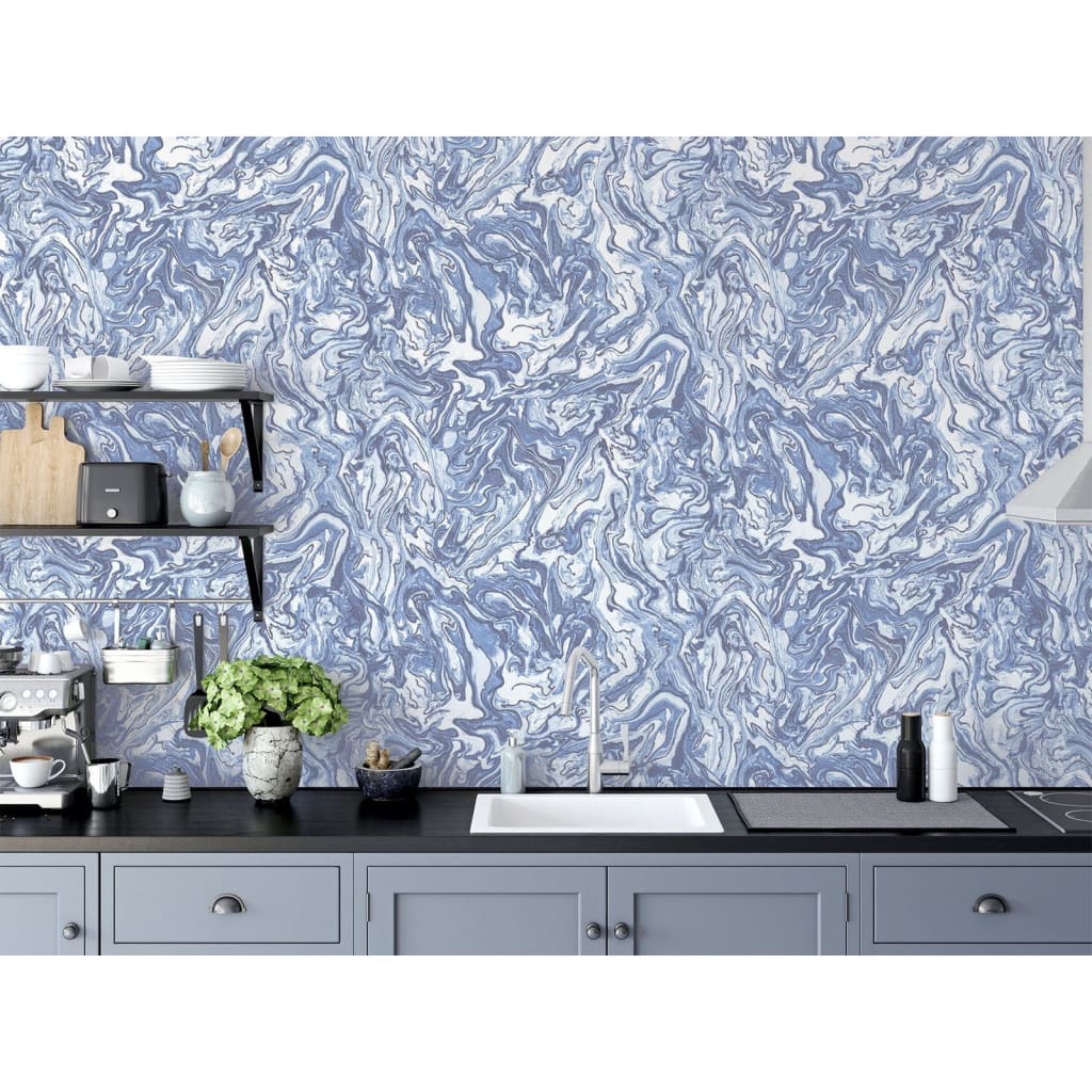 Dutch wallcoverings behang vloeibaar marmer blauw