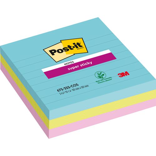 Notes post-it super sticky 101x101mm assorti pak 3 stuks 70 vel