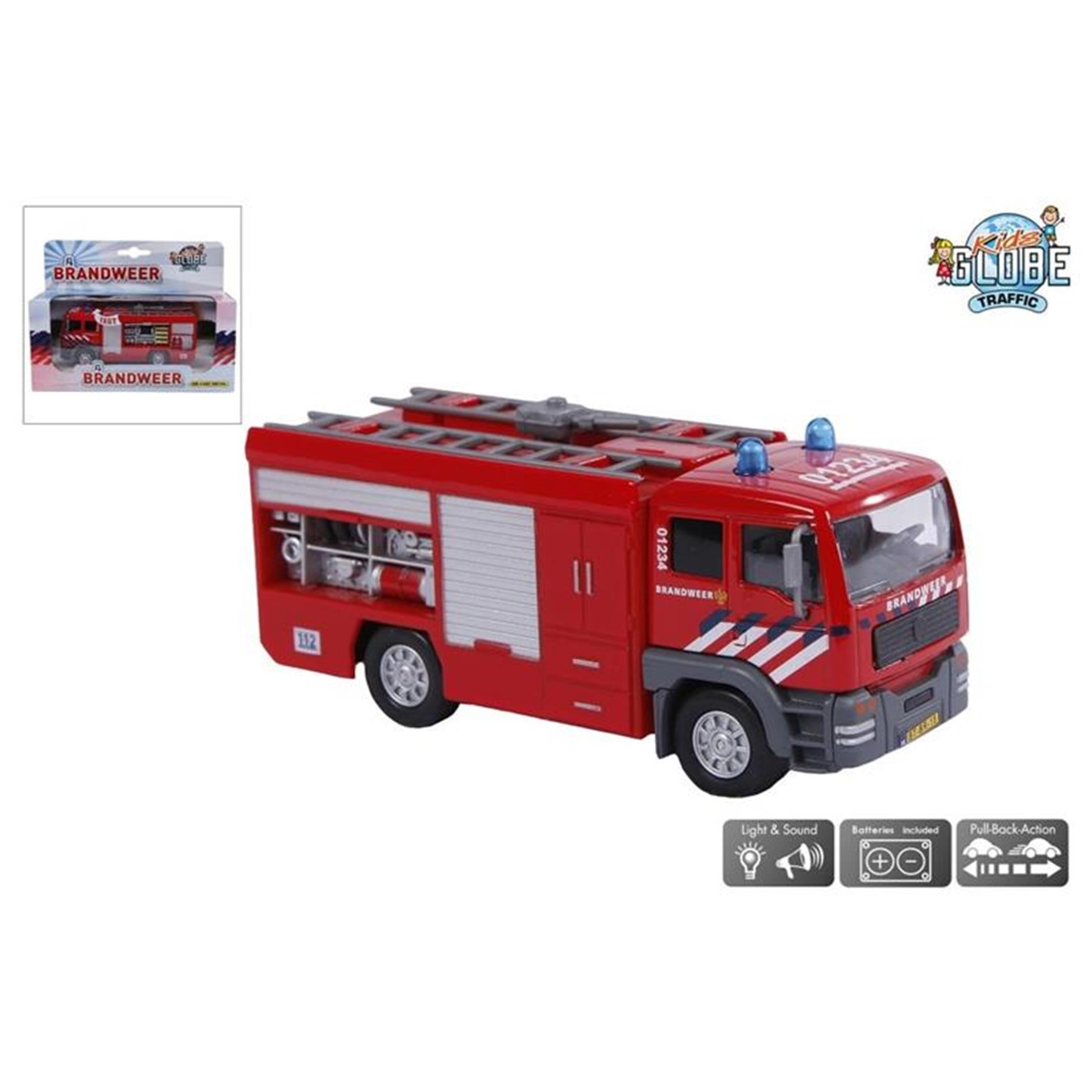 Kids globe brandweer tankauto nl die cast pullback action en licht en geluid 13cm