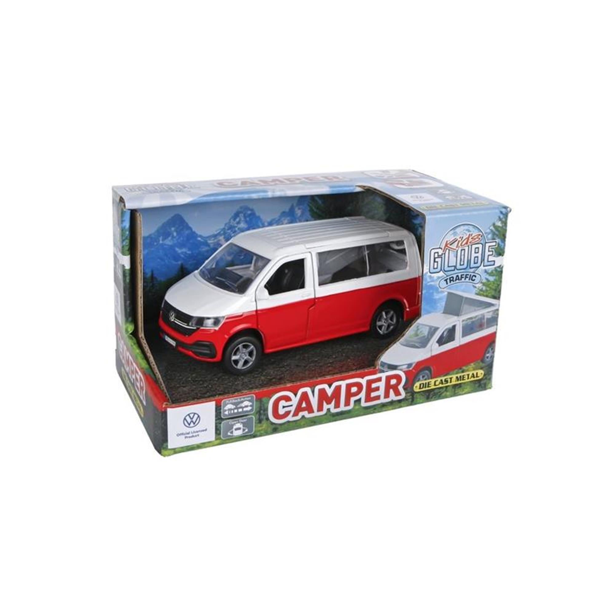 Kinderwereldbol VW Transporter camper spuitgiet pull back, 13,5 cm