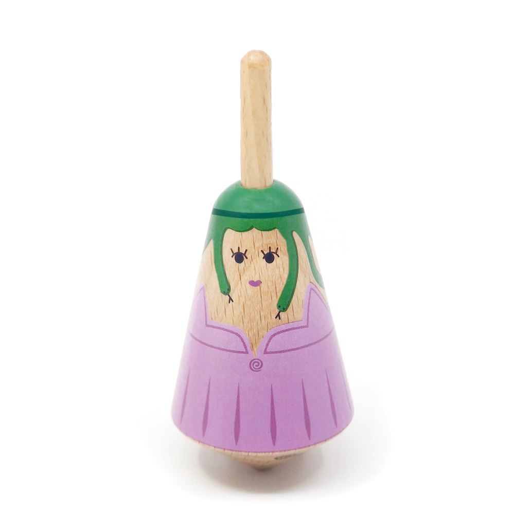 Griekse houten tol: medusa 3,5x3,5x8 cm.