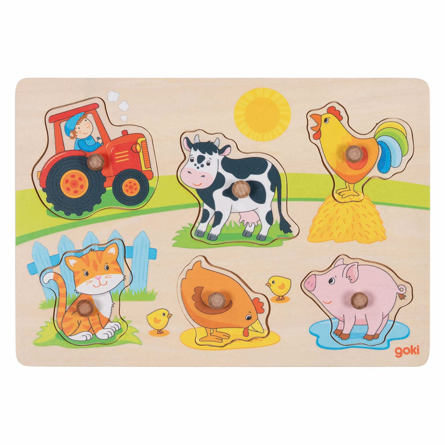 Goki houten noppenpuzzel op de boerderij, 6st.
