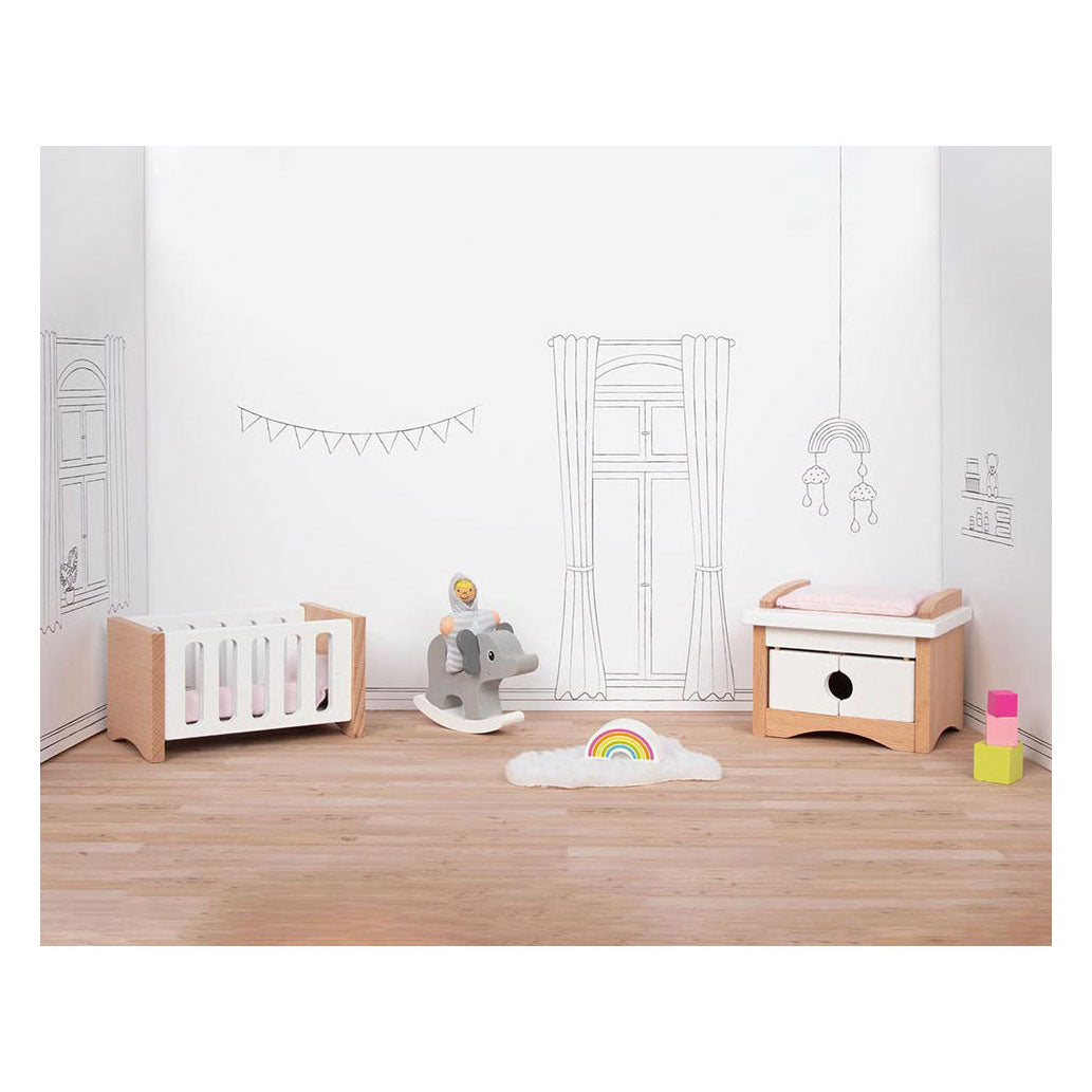 Goki Dollhouse Furniture: designer nursery, 12-piece, 10.2x6x5.5cm (bed), beechwood and fabric, 3+