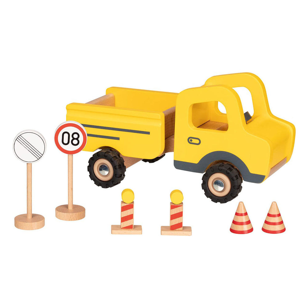 Goki houten werkvoertuig met verkeersborden, 7dlg.
