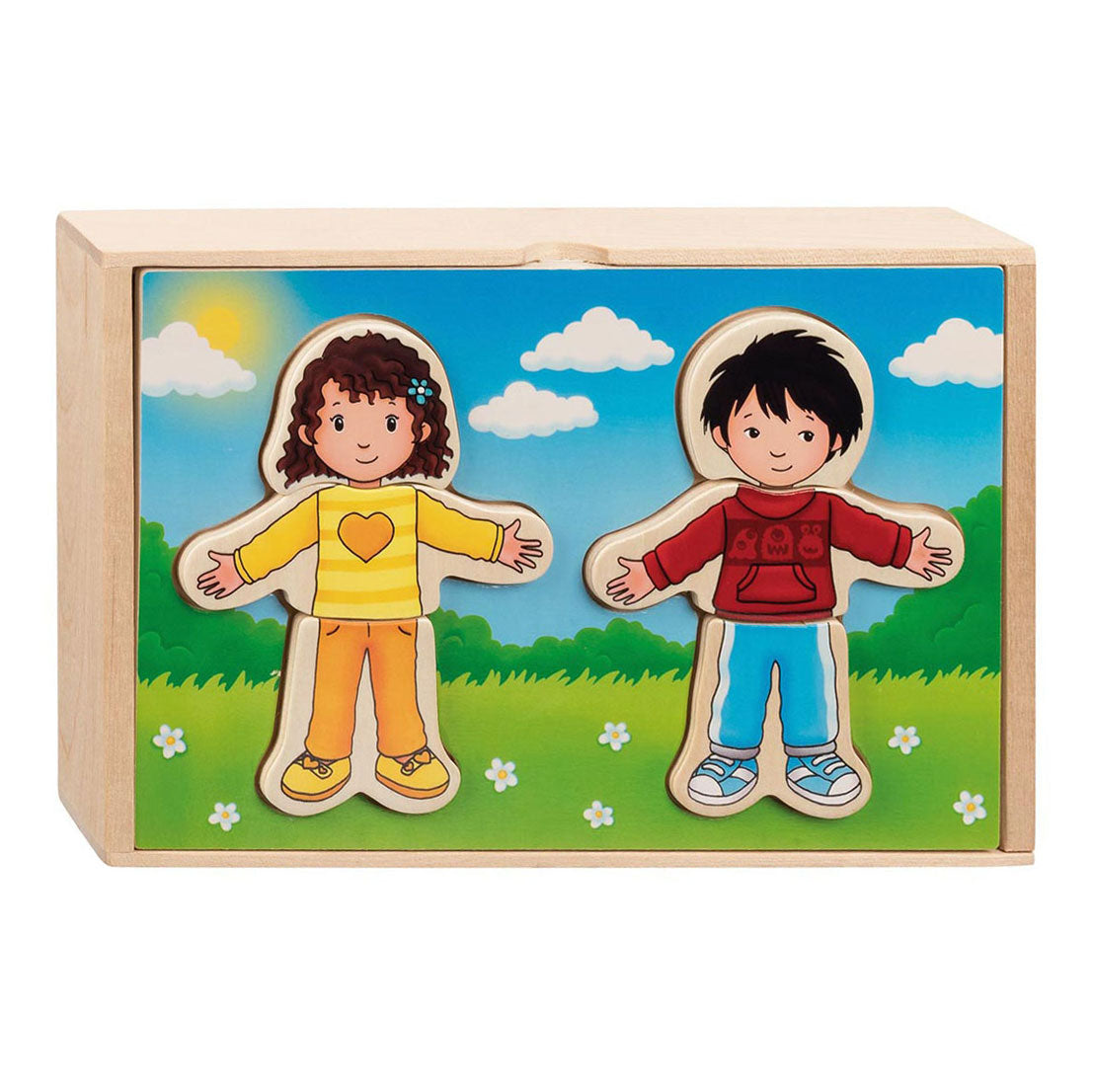 Goki houten aankleedpuzzel jongen en meisje in houten kist, 36st.